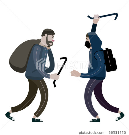 Looters with crowbar and bag. Robbers, scrap, criminal characters. Vector illustration isolated cartoon flat style 66531550