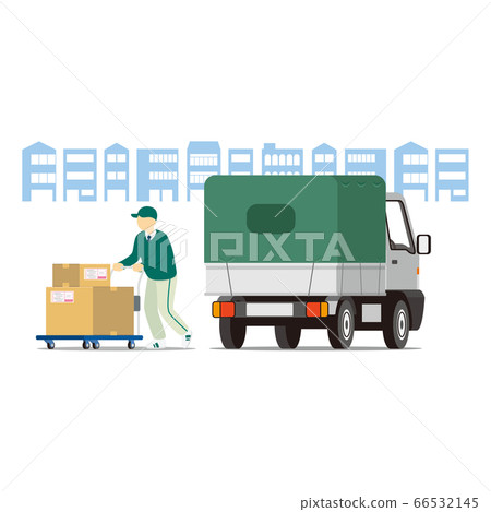Courier service, delivery staff pushing a dolly, delivery truck (backward facing) 66532145