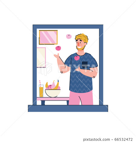 Man juggling in home window frame - quarantine hobby 66532472