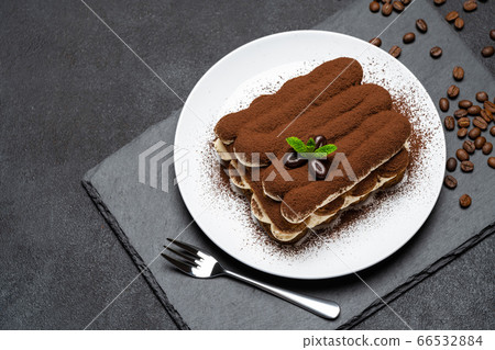 Classic tiramisu dessert on ceramic plate on concrete background Classic tiramisu dessert on ceramic plate on concrete background 66532884
