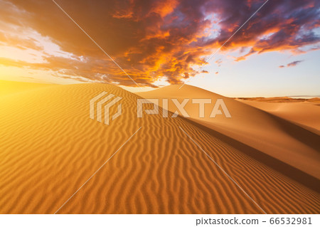 Sunset over the sand dunes in the desert 66532981