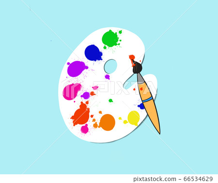 illustration of an art palette with paints and brushes isolated on a blue background 66534629