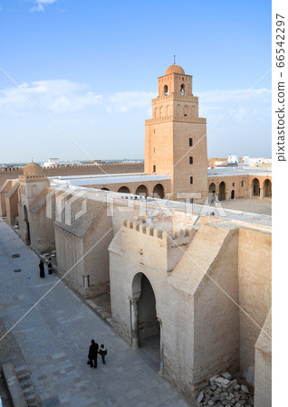 Landscape of the Ouled Farhane Cemetery with the Great Mosque in Kairouan, Tunisia 66542297