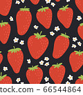 Cute seamless pattern with red strawberries. Natural summer print with berry, fresh fruits and flowers in hand drawn style. Colorful vector strawberry background. 66544864