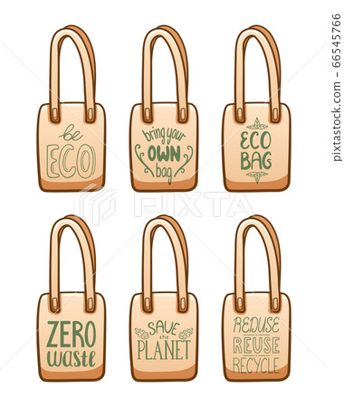 Beige textile eco bags with motivational ecology letterings set isolated illustration Beige textile eco bags with motivational ecology letterings set isolated illustration 66545766