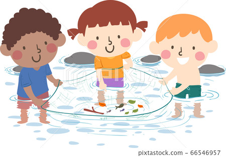 Kids Stream Water Catch Fish Illustration 66546957