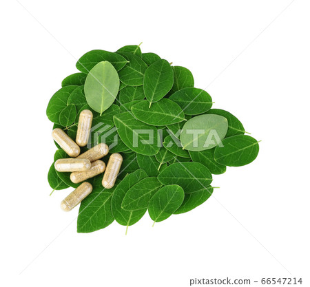 Moringa leaves fresh and moringa capsule on white Moringa leaves fresh and moringa capsule on white 66547214