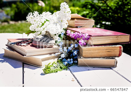 A stack of old books, a branch of white lilac and A stack of old books, a branch of white lilac and 66547847
