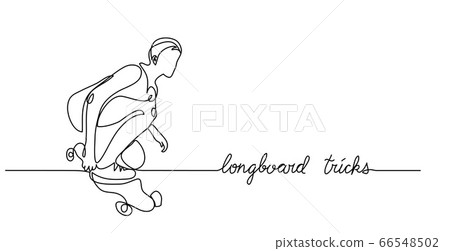 Longboard skate trick. Simple vector background, web banner, poster. One continuous line drawing of skater with lettering 66548502