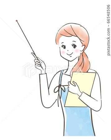 A cute smiling woman wearing an apron explains... - Stock Illustration ...