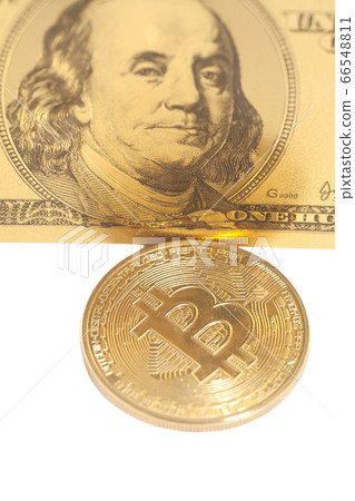 Golden bitcoin with U.S. dollar isolated on white Golden bitcoin with U.S. dollar isolated on white 66548811