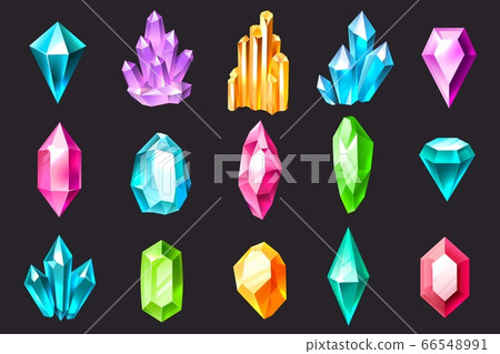 Cartoon crystals. Colorful jewelry gems, precious stones, crystal stalagmites and stalactites. Quartz, sapphire and amethyst vector set Cartoon crystals. Colorful jewelry gems, precious stones, crystal stalagmites and stalactites. Quartz, sapphire and amethyst vector set 66548991