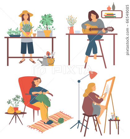 Woman at Home, Playing Guitar and Drawing Hobby Woman at Home, Playing Guitar and Drawing Hobby 66549085