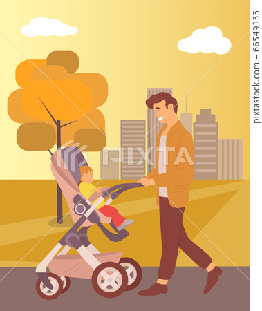Father Walking with Kid in Buggy in Autumn Park 66549133