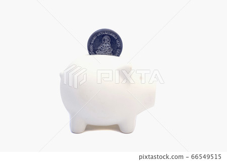 White piggy bank with indian rupee coin isolated 66549515