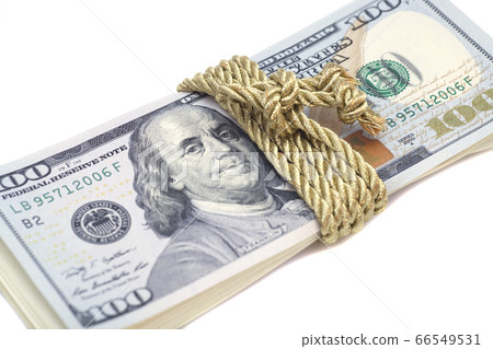 Hundred dollar banknotes with golden rope band, 66549531