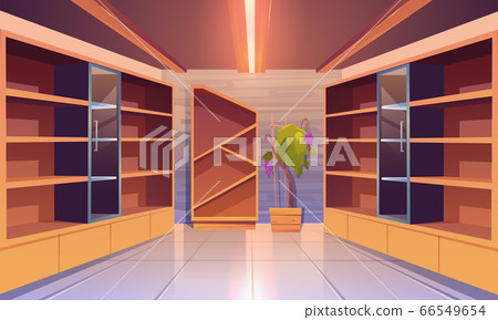 Wine shop interior with empty wooden shelves. 66549654