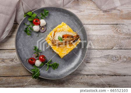 Top view omelet with fish fillet. Baked pangasius Top view omelet with fish fillet. Baked pangasius 66552103