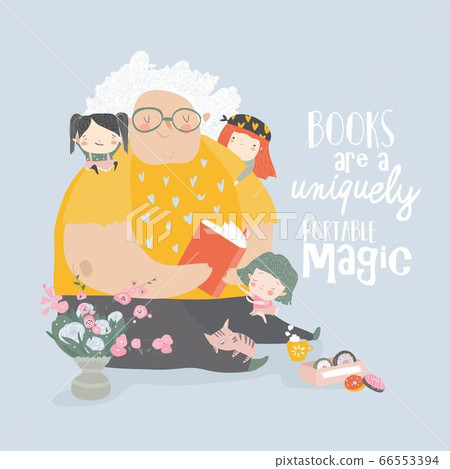 Big grandmother reading book to her grandchildren Big grandmother reading book to her grandchildren 66553394
