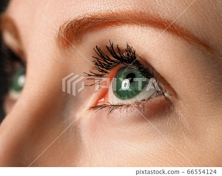 Female left blue eye tinted in green colour with special contact lens Female left blue eye tinted in green colour with special contact lens 66554124