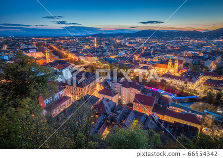 Aerial view of the city of Graz at night, Styria, Austria Aerial view of the city of Graz at night, Styria, Austria 66554342