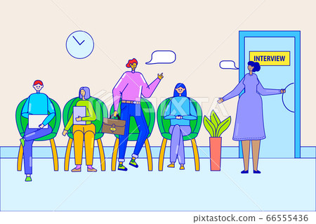 Queue at job interview office design vector illustration. Business people candidates for vacancy sitting in line, work recruitment Queue at job interview office design vector illustration. Business people candidates for vacancy sitting in line, work recruitment 66555436