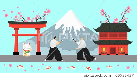 Japan traditional elements, samurai vector illustration. Asian country landscape, pagoda design sakura and high snowy mountain Japan traditional elements, samurai vector illustration. Asian country landscape, pagoda design sakura and high snowy mountain 66555437