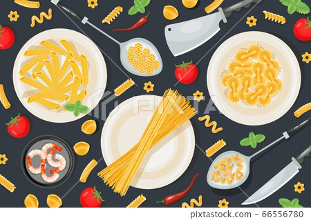 Italian pasta foodstuff, professional food preparation household utensils pattern flat vector illustration. Concept meal knife. Italian pasta foodstuff, professional food preparation household utensils pattern flat vector illustration. Concept meal knife. 66556780