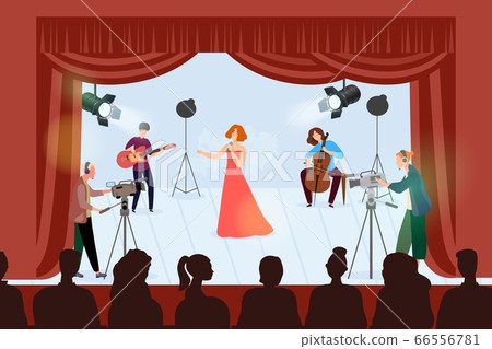 Musician group concert vector illustration. People performance with instrument music, playing on cartoon stage with guitar Musician group concert vector illustration. People performance with instrument music, playing on cartoon stage with guitar 66556781