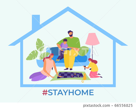 Stay home, family stop virus spread vector illustration. Parents and children spend quarantined time together. Mother play chess 66556825