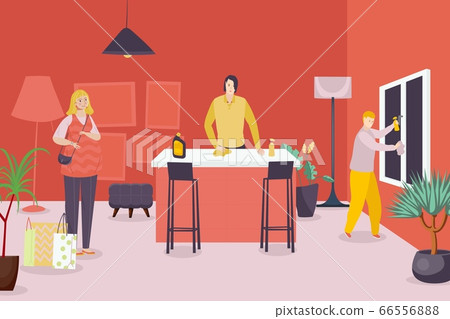 House work people vector illustration. Family member character do domestic work in cartoon room. Housewife brought packages 66556888