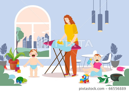 House work people at home, vector illustration. Unhappy tired mother stroking clothes. Little children cry. Baby boy sitting House work people at home, vector illustration. Unhappy tired mother stroking clothes. Little children cry. Baby boy sitting 66556889