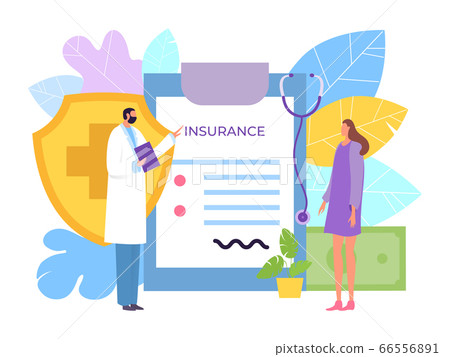 Healthcare medical insurance concept, vector illustration. Girl patient enters into agreement with personal attending physician. Healthcare medical insurance concept, vector illustration. Girl patient enters into agreement with personal attending physician. 66556891