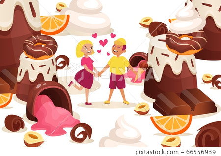 Chocolate desserts, vector illustration. Bright sweets, confectionery with nuts, cream donuts, slices orange everywhere. 66556939