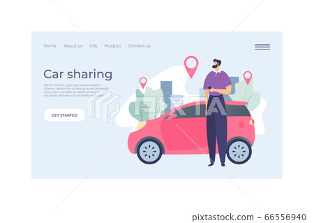 Car sharing service landing concept web banner flat vector illustration. Character male urban rent vehicle, point gps sign. Man hold mobile phone. 66556940