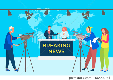 Breaking news concept vector illustation. Television studio broadcasts program. Group operators recording video on cameras. 66556951