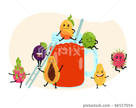 Fresh summer tropical juice fruit concept isolated on white, flat vector illustration. Asian papaya watermelon dragon fruit lychee and plum. Fresh summer tropical juice fruit concept isolated on white, flat vector illustration. Asian papaya watermelon dragon fruit lychee and plum. 66557054