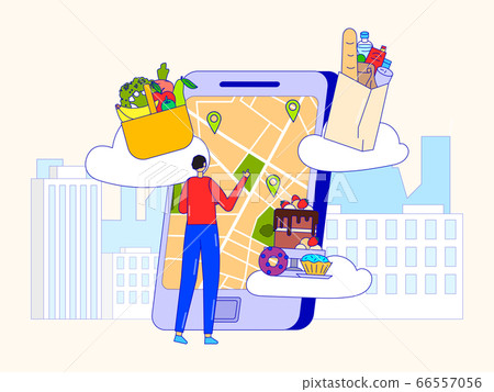 Food shop online, delivery service vector illustration. Man client choose address at smartphone gps map for fast ordering. Food shop online, delivery service vector illustration. Man client choose address at smartphone gps map for fast ordering. 66557056