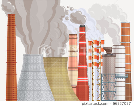 Pollution environmental contamination factory chimney flat vector illustration. Dirty air factory area damage to ecological surrounding. Pollution environmental contamination factory chimney flat vector illustration. Dirty air factory area damage to ecological surrounding. 66557057