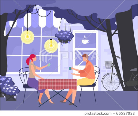 Evening fabulous lovely couple date, character male female lover dinner chat flat vector illustration. Romantic restaurant dinner night. 66557058