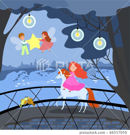 Young girl unicorn ride, fantasy place female male fairy fly around princess and hold star evening compositions flat vector illustration. 66557059