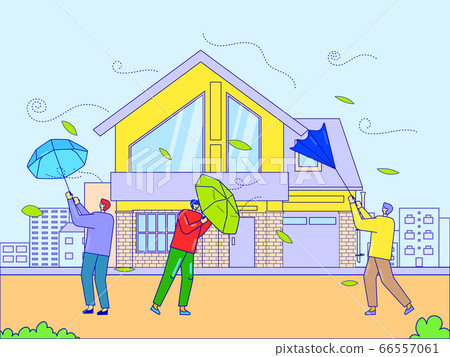 Disaster strong wind blowing on man, vector illustration. Storm weather damage characters umbrella, dangerous natural hurricane Disaster strong wind blowing on man, vector illustration. Storm weather damage characters umbrella, dangerous natural hurricane 66557061