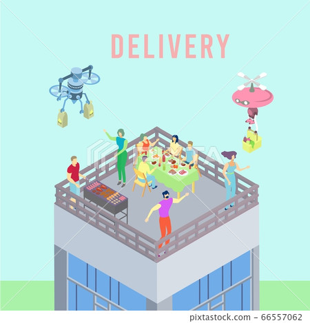 Future technology delivery service, online express mail supply 3d isometric vector illustration. Drone importation food order. Future technology delivery service, online express mail supply 3d isometric vector illustration. Drone importation food order. 66557062