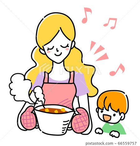 女人和孩子拿著一壺食物 66559757