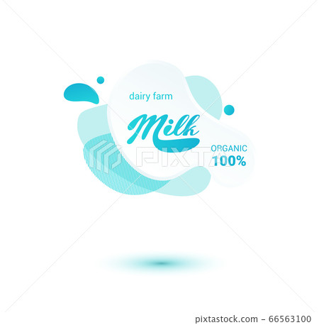 Milk badge and dairy labels with splashes and bolts. Milk badge with drop and splash for labels of package. Liquid amoeba shapes. 66563100
