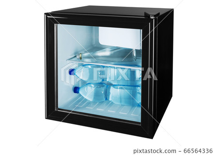 black fridge bar with transparent glass door, inside three bottles full of water, the concept of summer and cooling 66564336