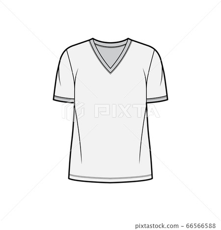 T-shirt technical fashion illustration with V neck, fitted oversized body short sleeves, flat. T-shirt technical fashion illustration with V neck, fitted oversized body short sleeves, flat. 66566588