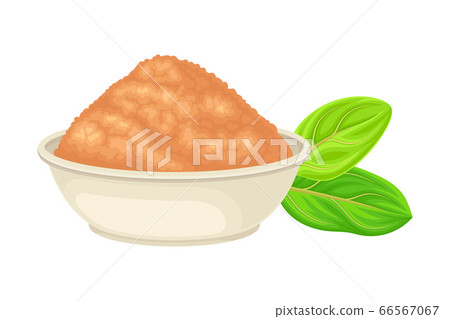 Powdered Sandalwood Poured in Bowl with Green Leaf Rested Nearby Isolated on White Background Vector Illustration 66567067