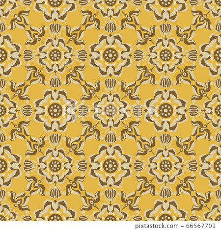 Retro vintage Chinese traditional pattern seamless background spiral curve cross botanic garden yellow brown plant flower 66567701