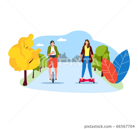 People drive electric transport segway self balancing scooter, woman character walk outdoor park isolated on white, flat vector illustration. People drive electric transport segway self balancing scooter, woman character walk outdoor park isolated on white, flat vector illustration. 66567704